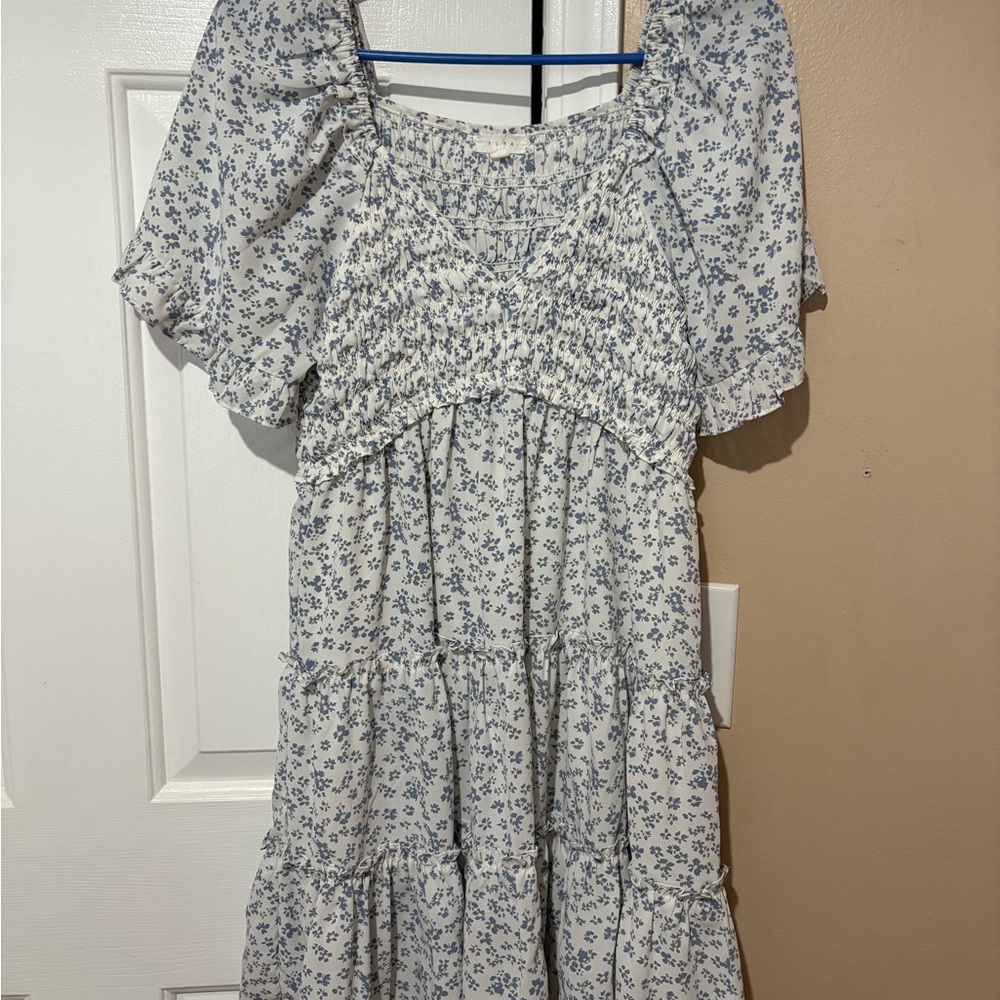 Smocked Puff-Sleeve Midi Dress in Blue Floral